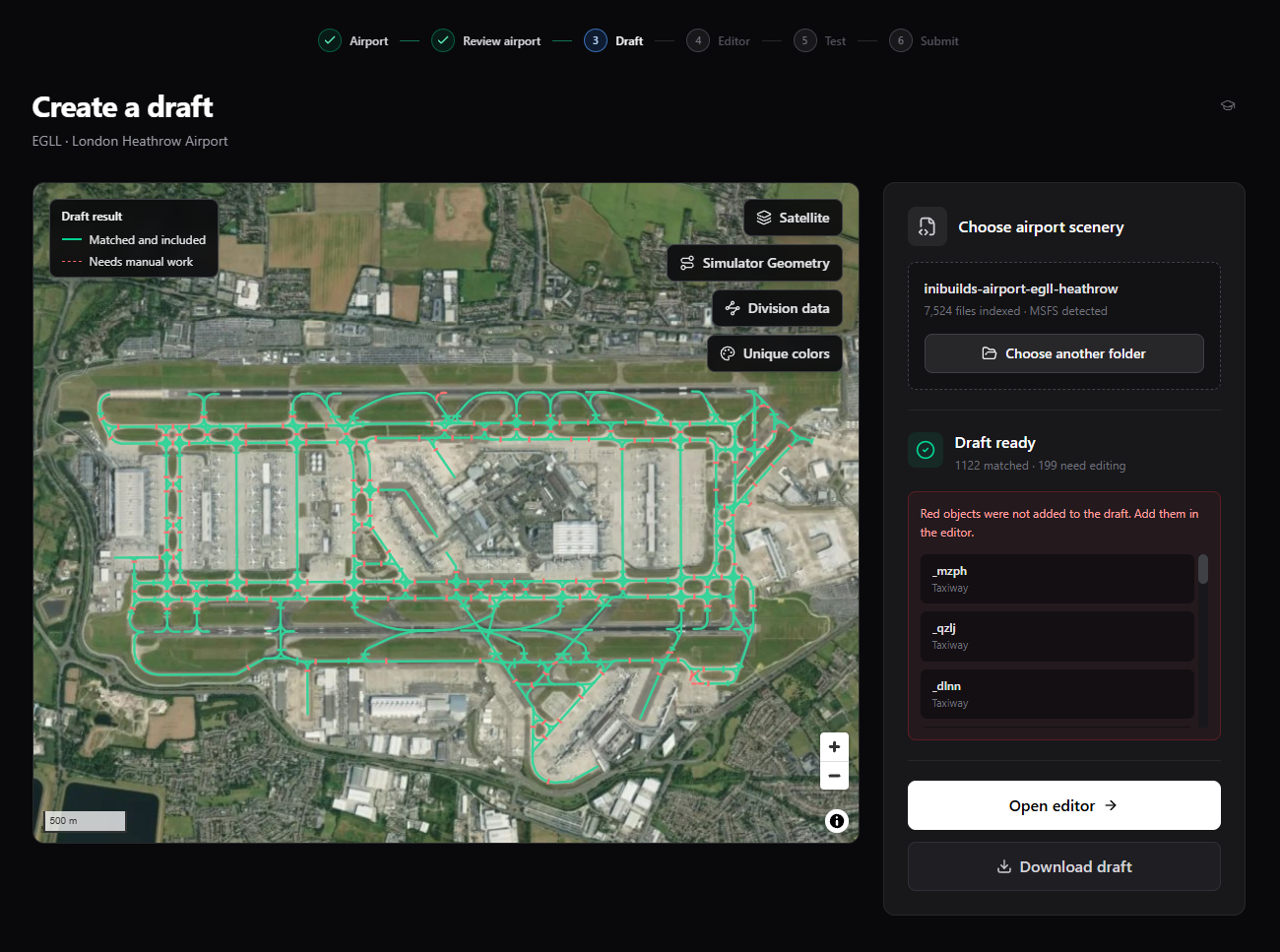 Completed draft generation with matched objects in green, manual-work objects in red, and the Draft ready result panel