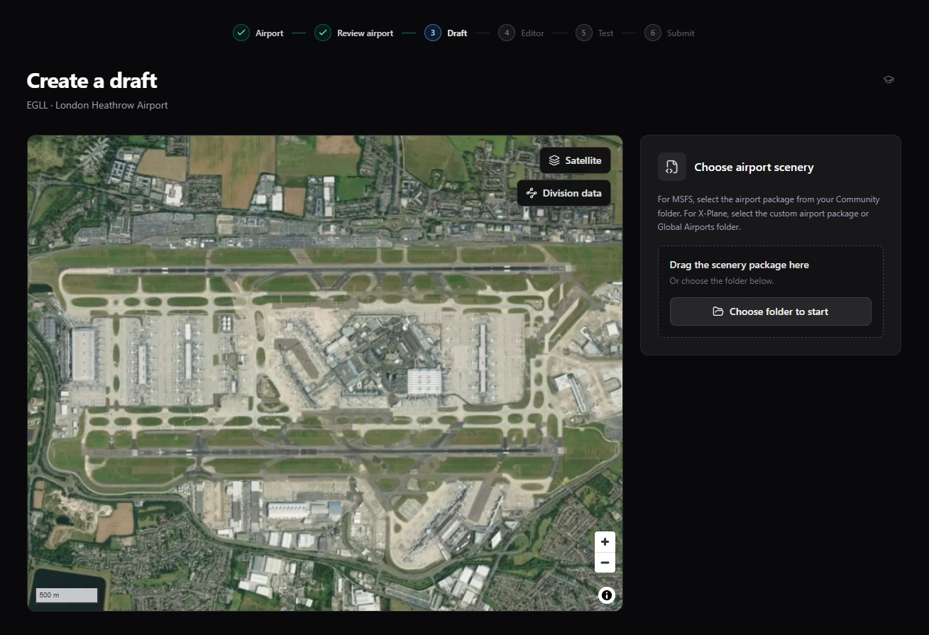 Create a draft page with the airport map, Choose airport scenery panel, and Choose folder to start button