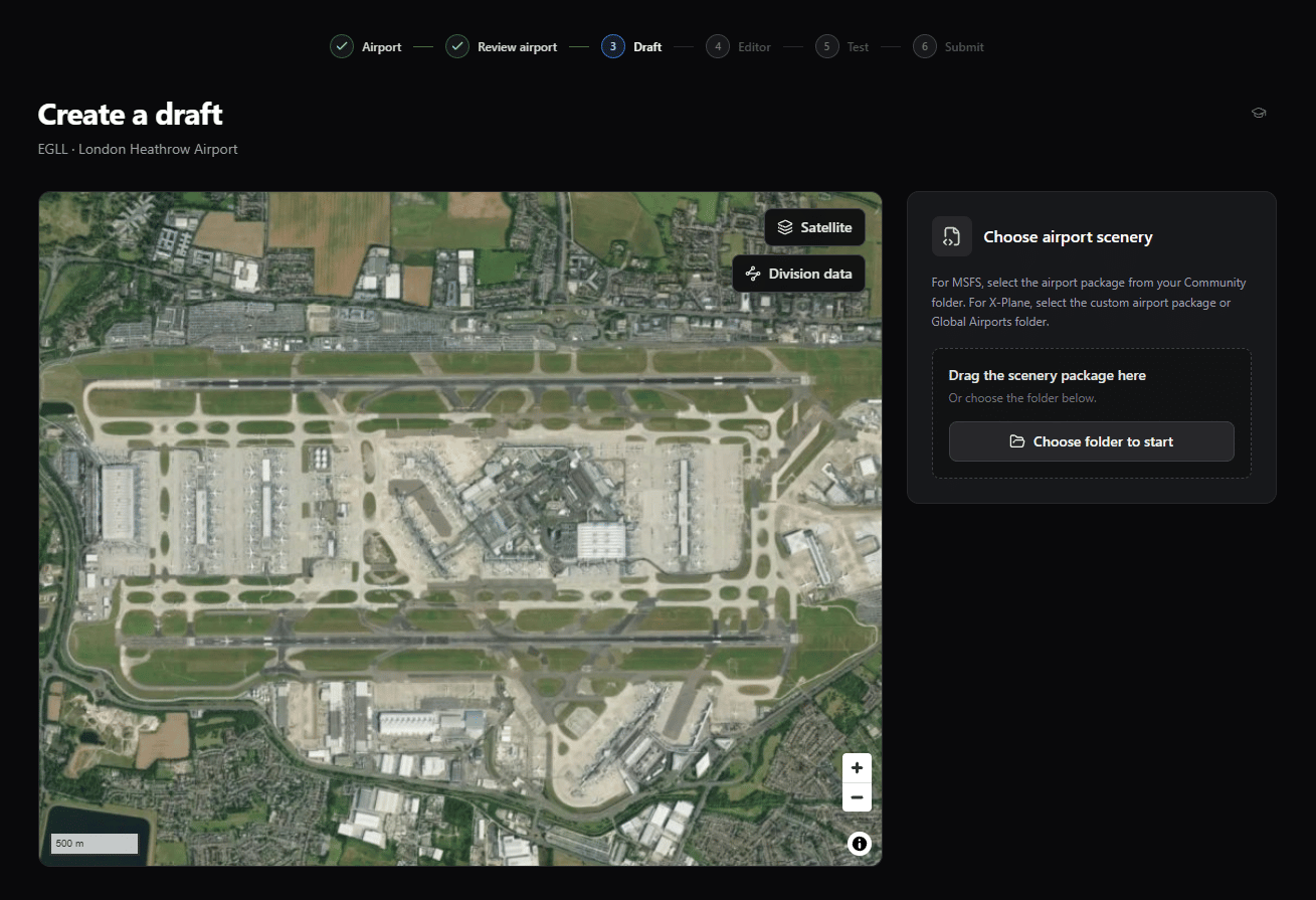 Create a draft page with the airport map, Choose airport scenery panel, and Choose folder to start button