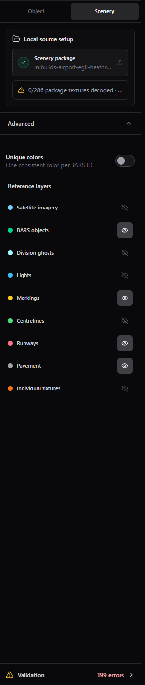 Contribution editor Scenery panel with local source status, Unique colors, and reference layer visibility controls