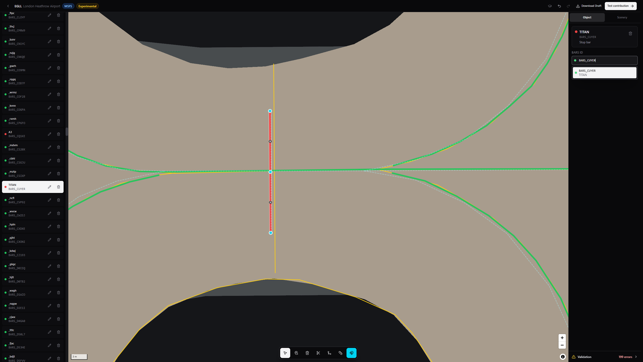 Selected BARS object in the contribution editor with editable map points, BARS ID suggestions, object details, and Reverse direction control