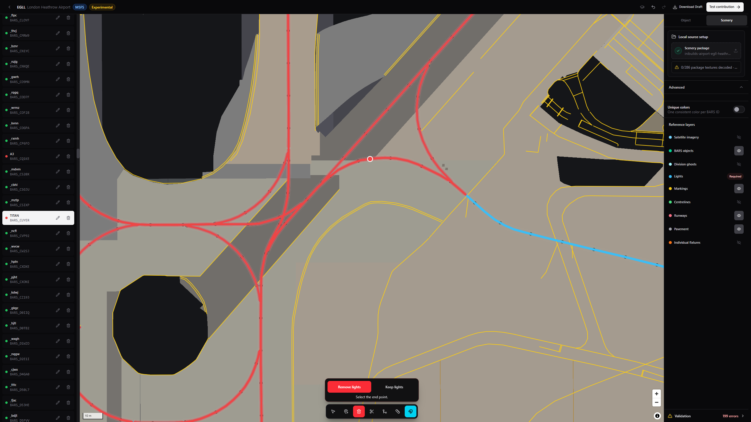 Contribution editor in source-light removal mode with Remove lights and Keep lights controls and a selected source row interval