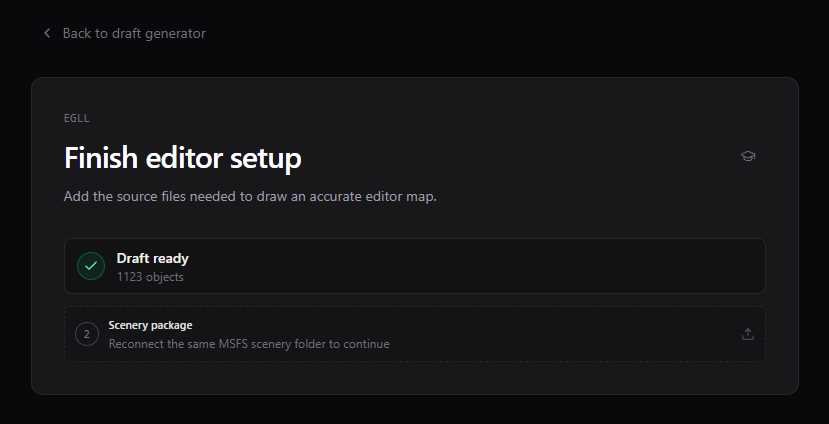 Finish editor setup page showing Draft ready, Scenery package, and X-Plane missing texture steps