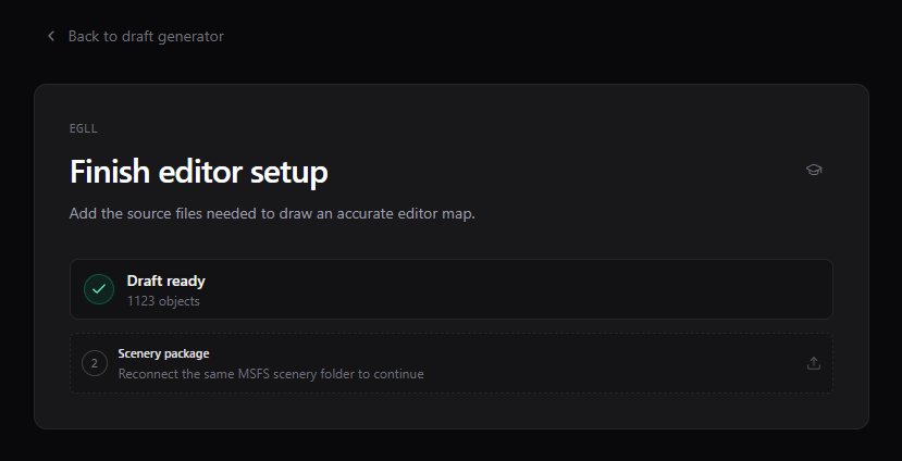 Finish editor setup page showing Draft ready, Scenery package, and X-Plane missing texture steps