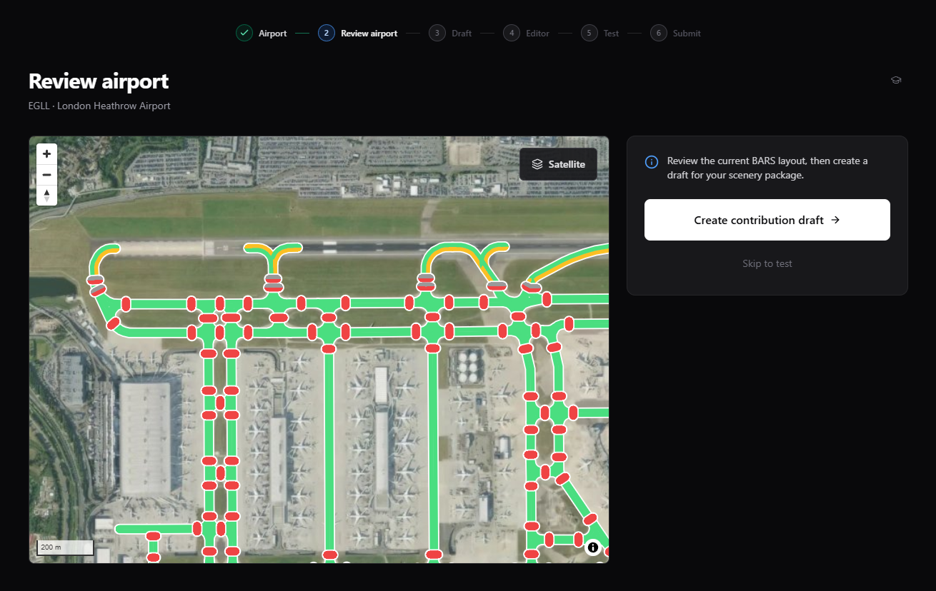 Review airport page with the BARS lighting layout map, contribution progress tracker, and Create contribution draft action