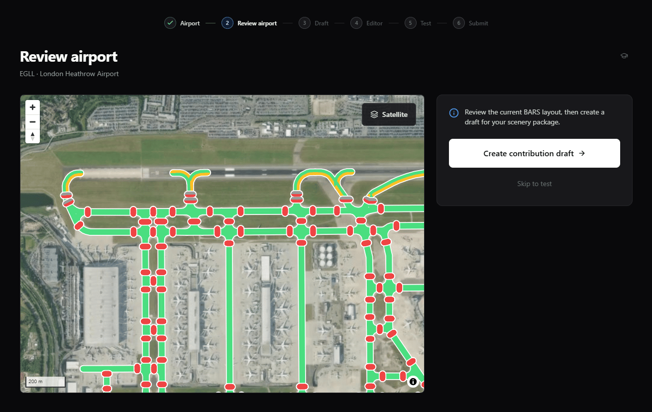 Review airport page with the BARS lighting layout map, contribution progress tracker, and Create contribution draft action