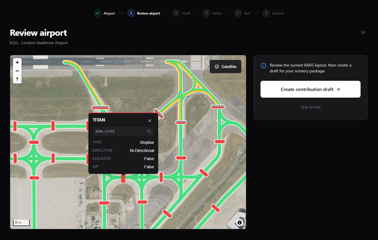 Selected airport lighting object with its name, copyable BARS ID, type, direction, and other object details
