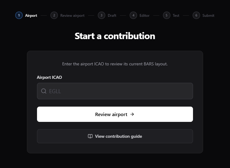Start a contribution page with the Airport ICAO field, Review airport button, and contribution progress tracker
