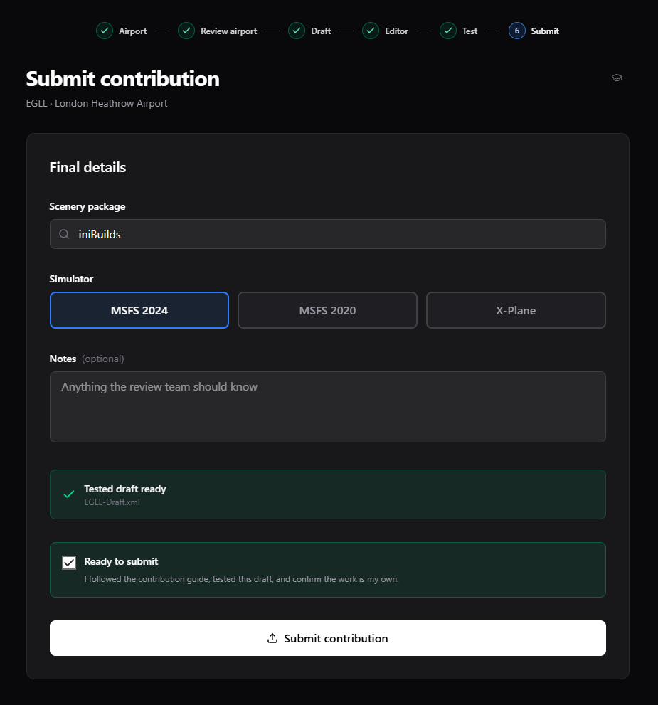 Submit contribution page with scenery package, simulator choices, notes, Tested draft ready status, acknowledgement, and Submit contribution button