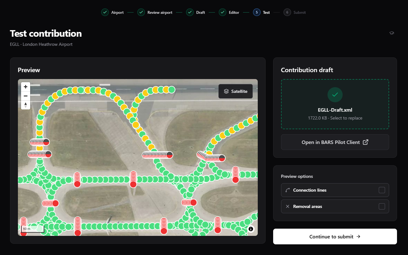 Test contribution page with a prepared draft, airport map preview, Open in BARS Pilot Client button, preview options, and Continue to submit action