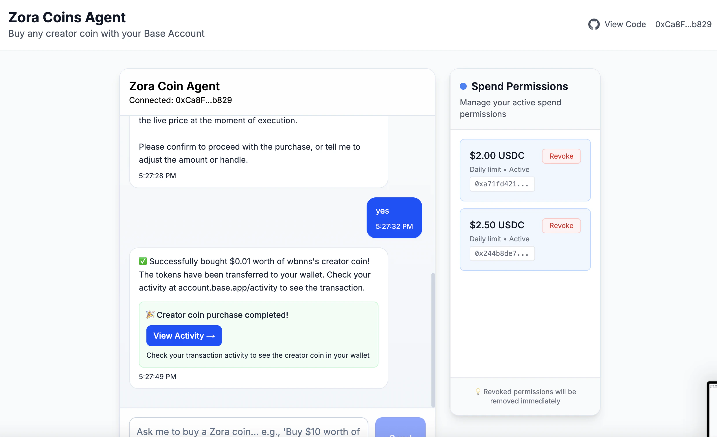 Spend Permissions Agent Interface