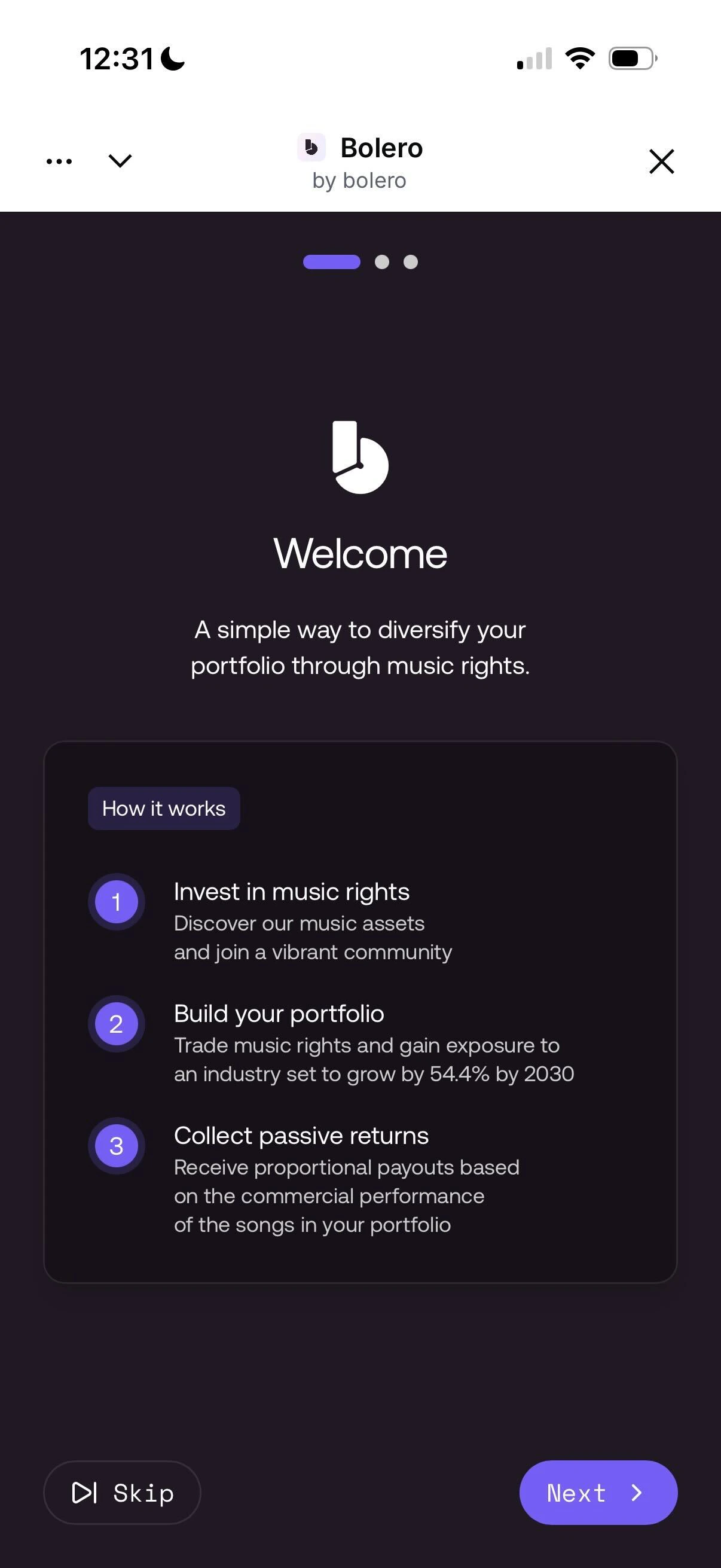 Bolero onboarding flow