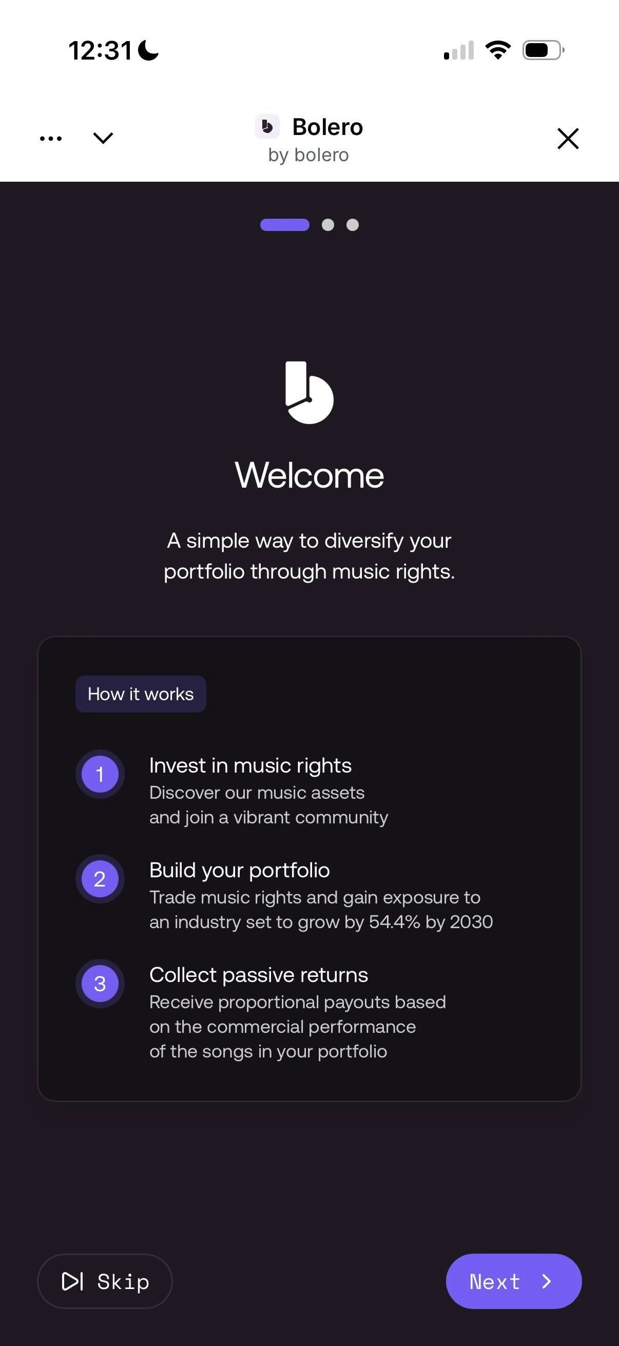 Bolero onboarding flow