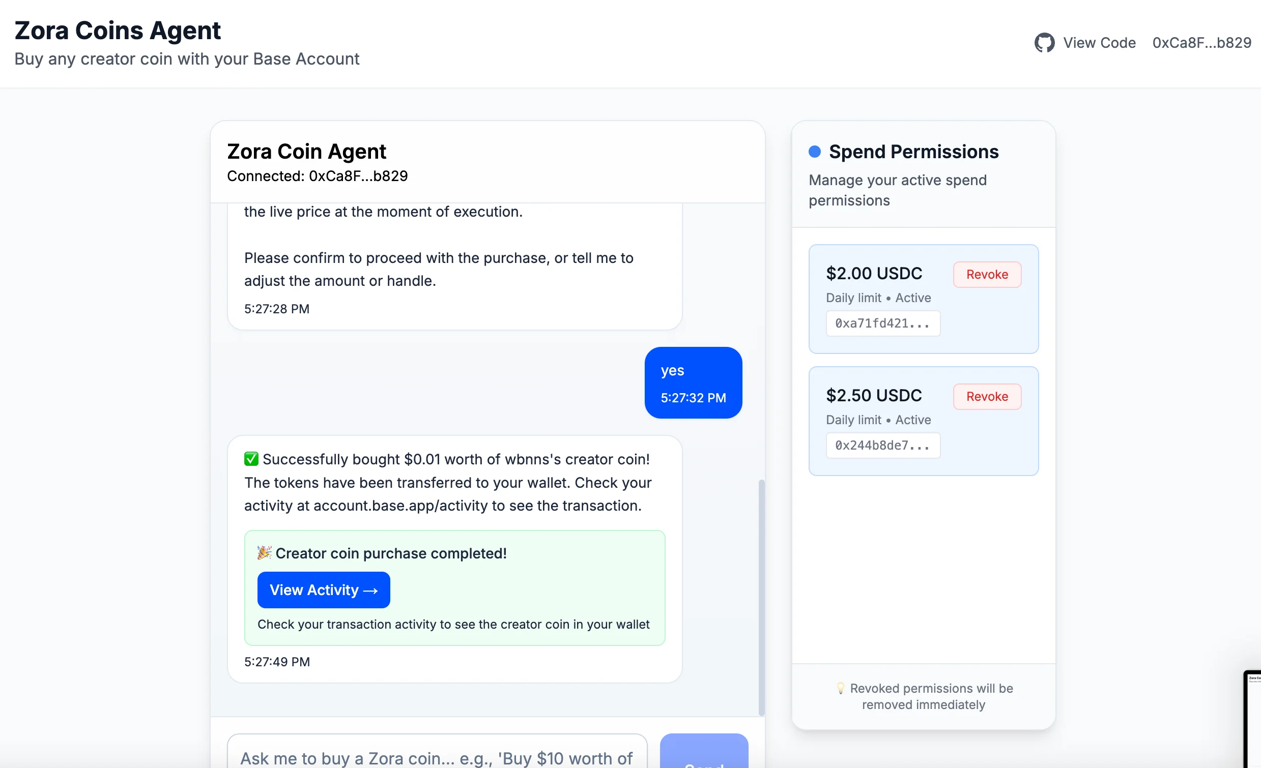Spend Permissions Agent Interface