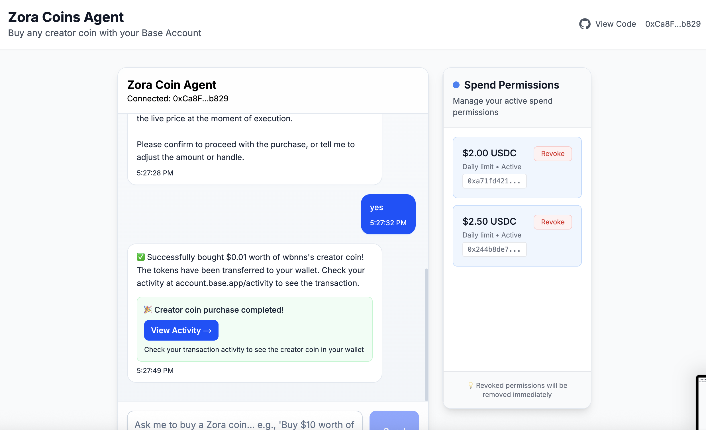 Spend Permissions Agent Interface