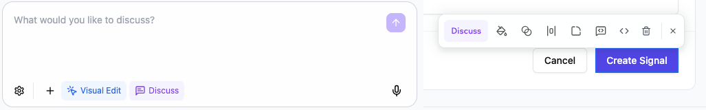 AI chat with Visual Edit and Discuss enabled and an element selected. AI chat with Visual Edit and Discuss enabled and an element selected.