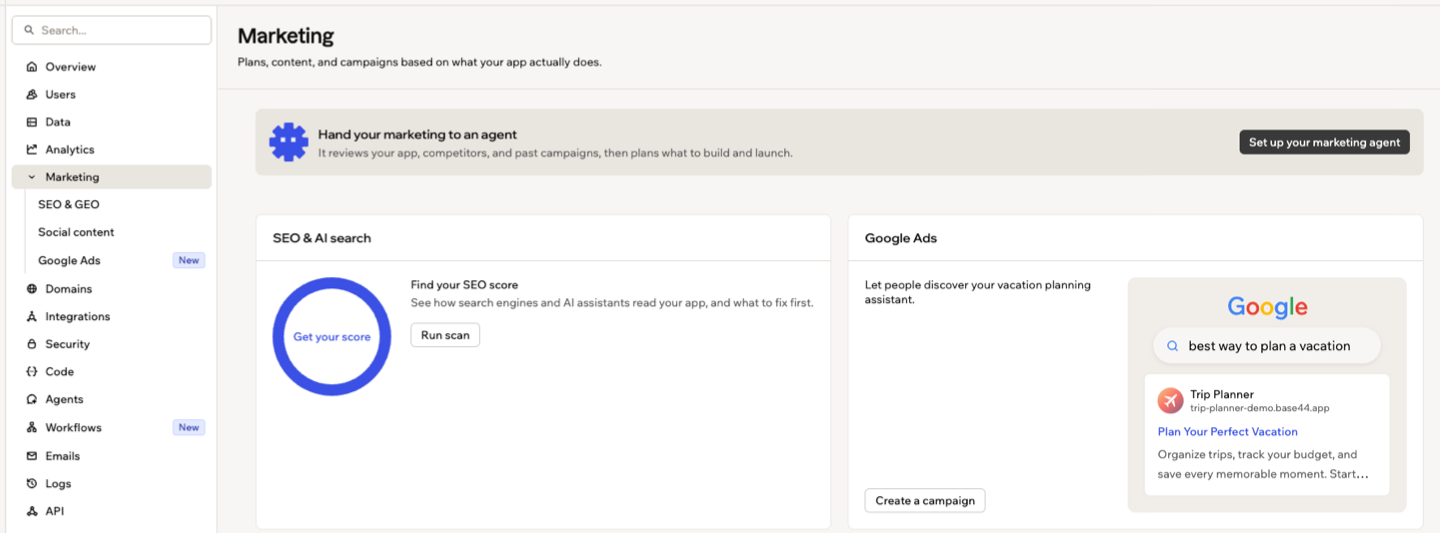 Marketing page showing the Marketing Agent setup card and marketing tools
