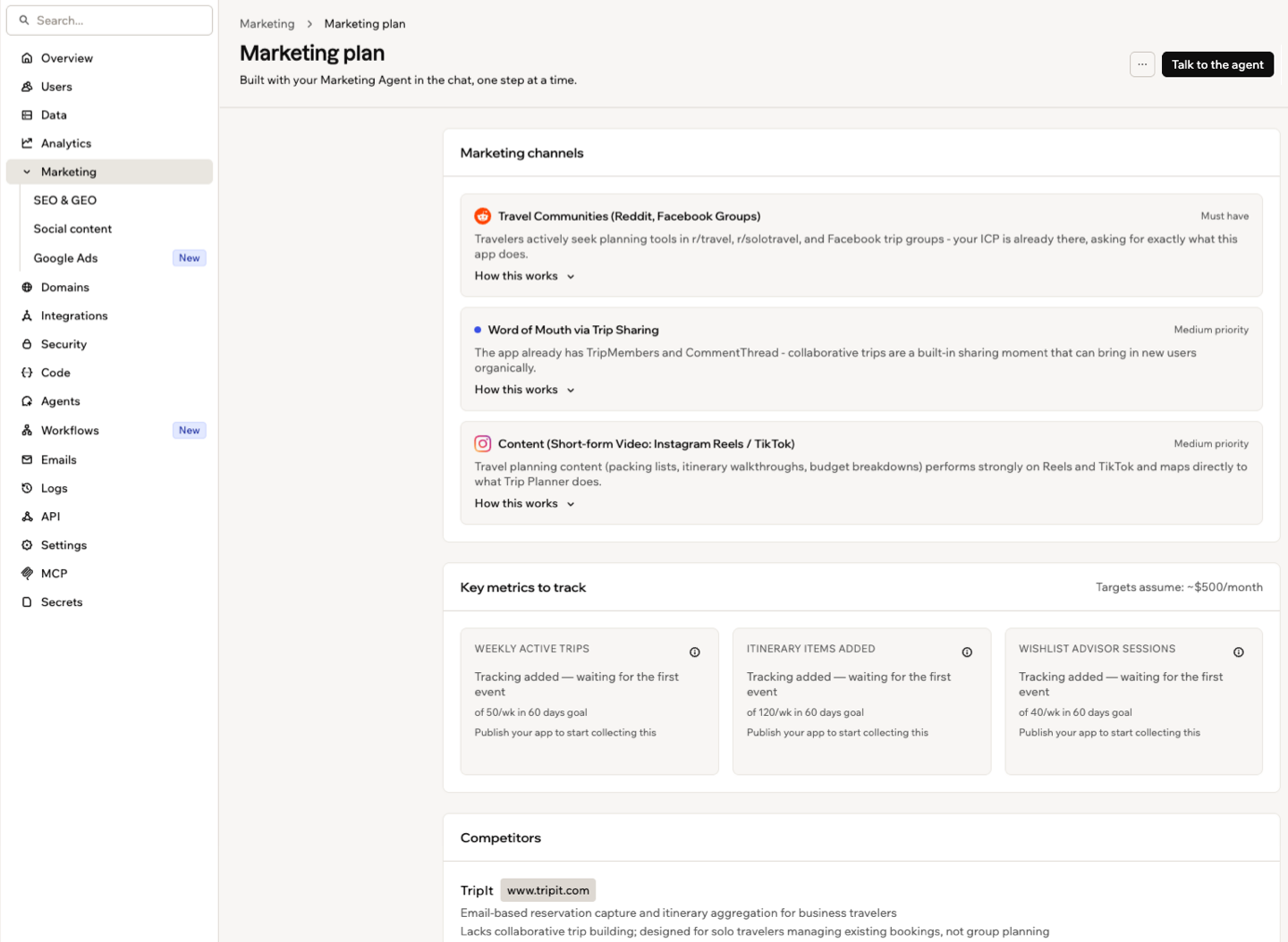 Marketing plan page with recommended channels and key metrics
