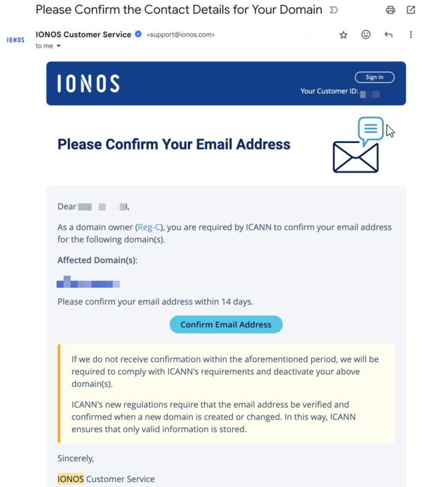 A screenshot showing the confirmation email to confirm contact details