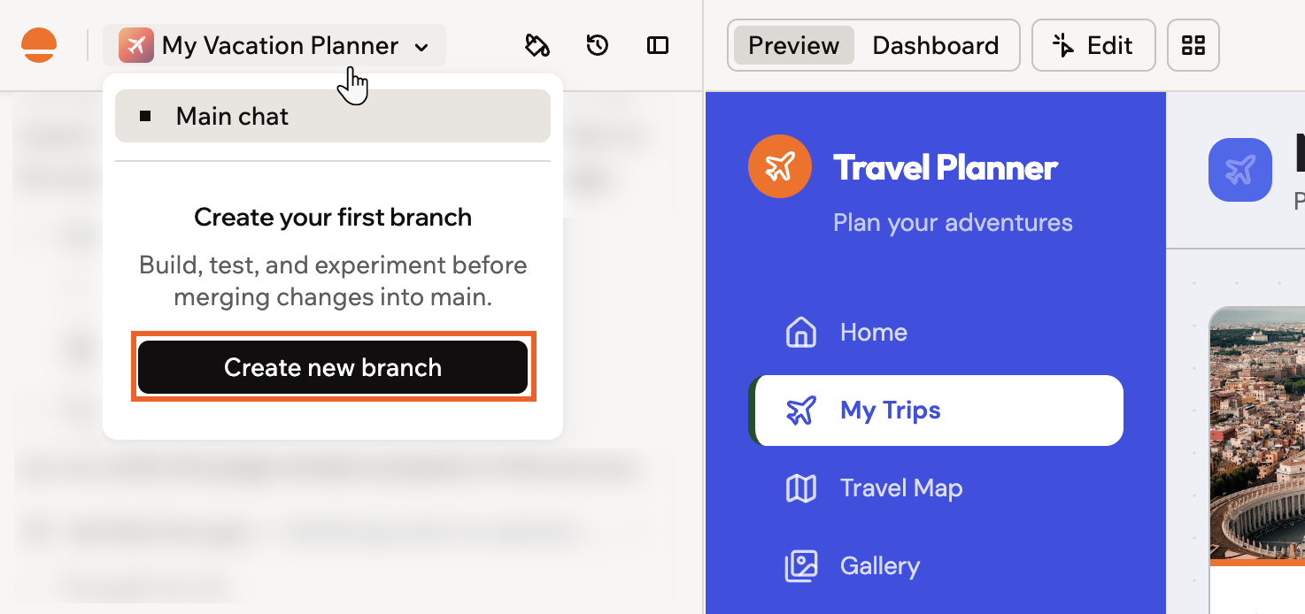 The branch menu open under the app name, showing Main chat and a Create your first branch panel with the Create new branch button highlighted