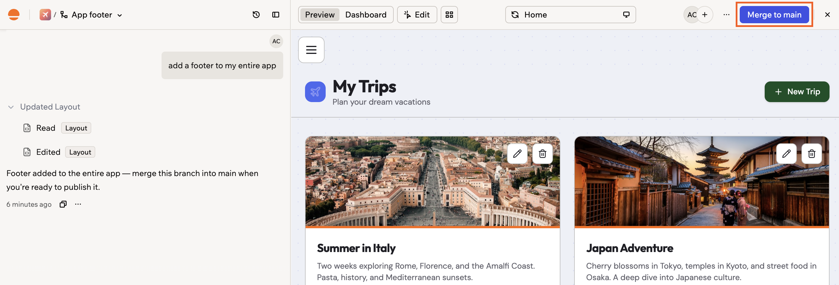 The app editor on a branch with the Merge to main button highlighted in the top bar