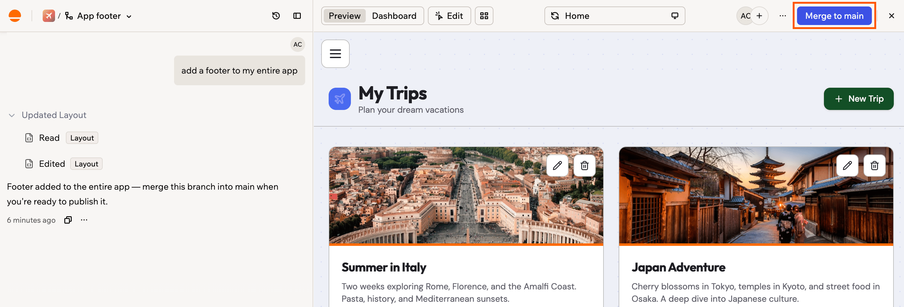 The app editor on a branch with the Merge to main button highlighted in the top bar
