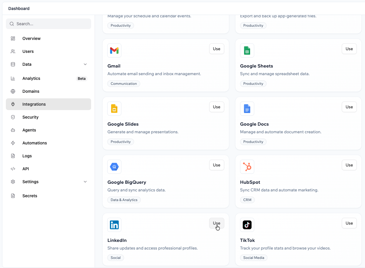 Connecting LinkedIn from the app dashboard