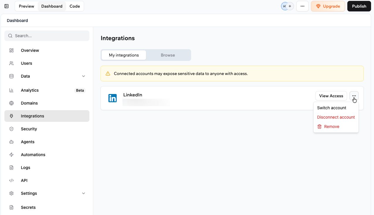 Managing the LinkedIn connector in the My integrations tab