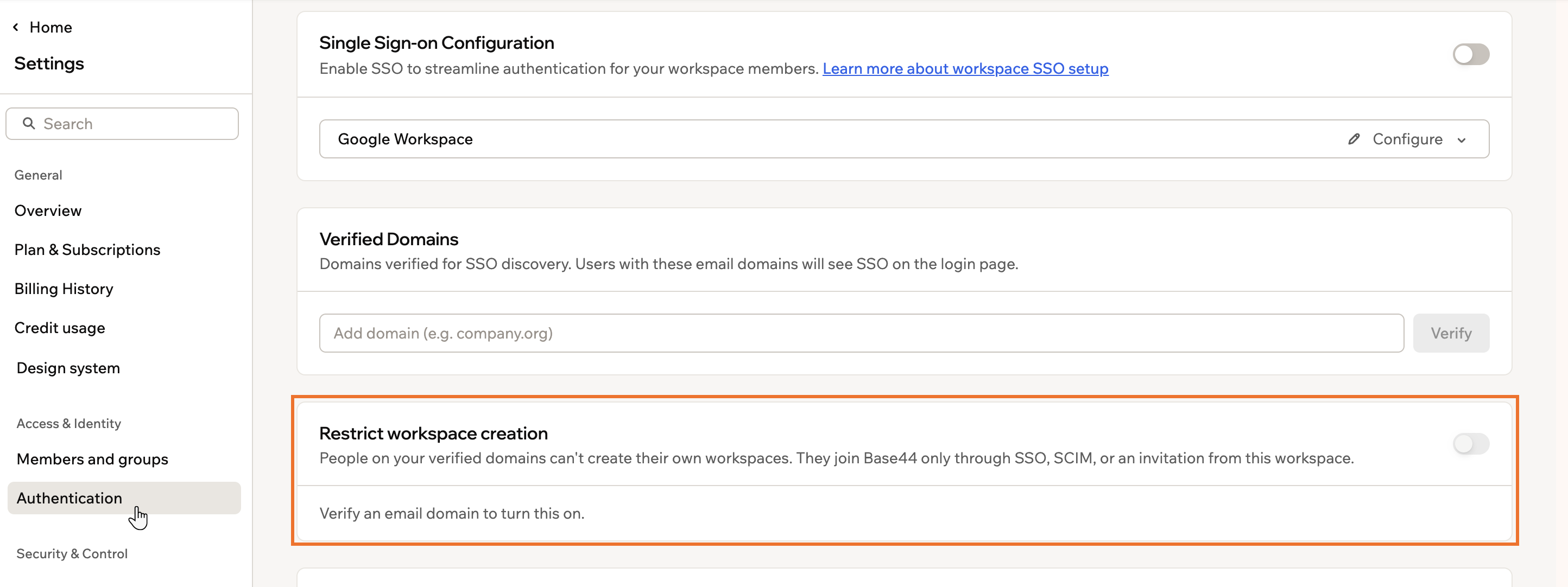 A screenshot of the Restrict workspace creation card, with its switch unavailable until a domain is verified