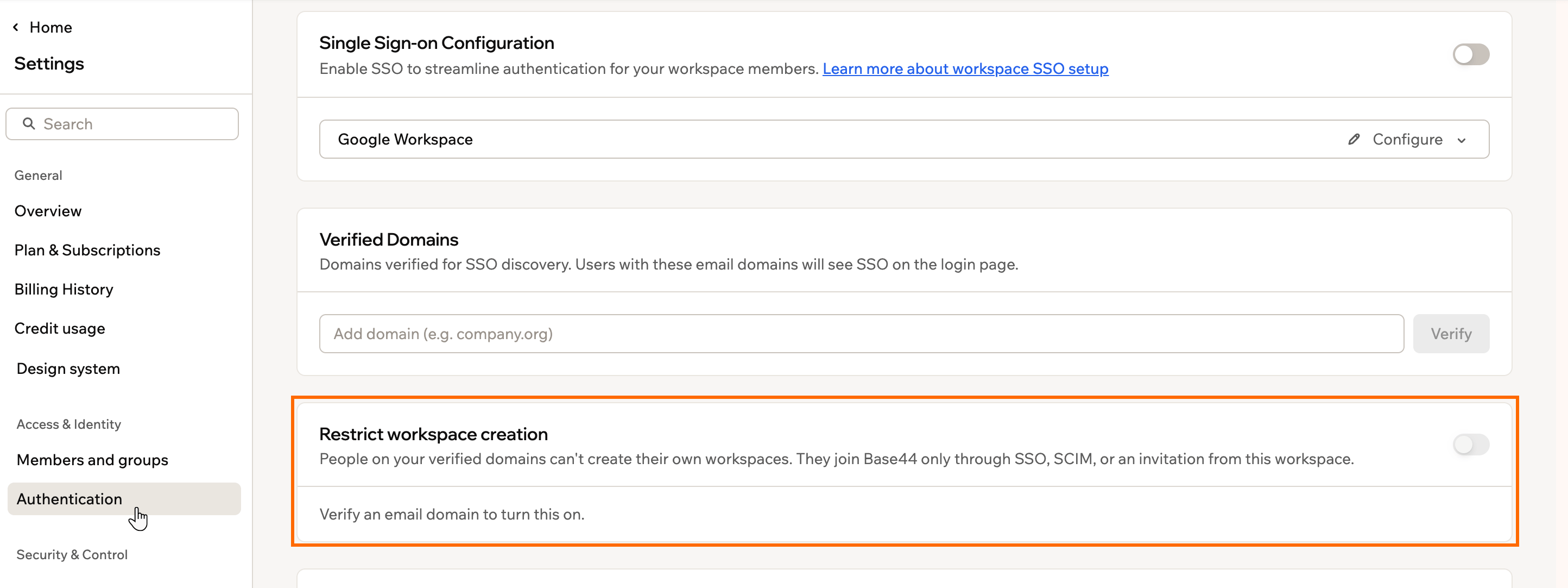 A screenshot of the Restrict workspace creation card, with its switch unavailable until a domain is verified