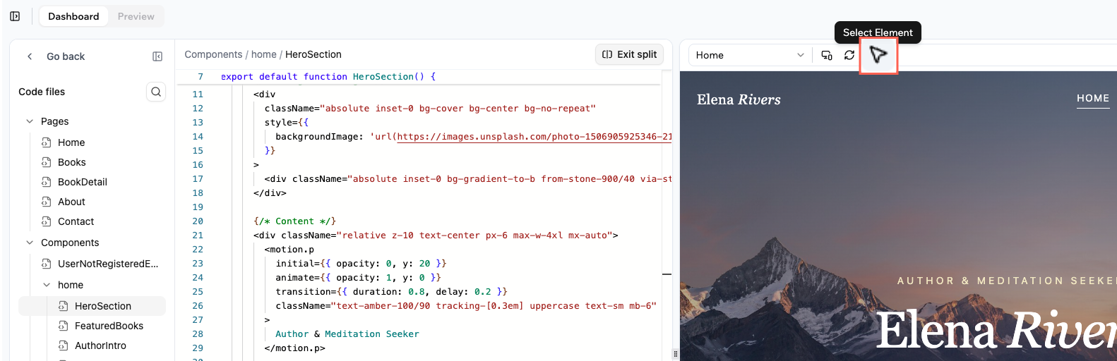 Selecting an element in the preview to jump to its code