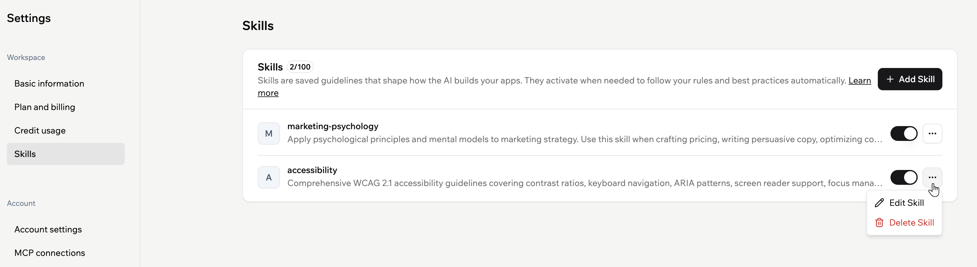 Editing a skill in a workspace