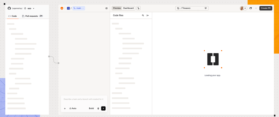 Base Code showing AI chat, project files, a working branch, live Preview, and Create PR