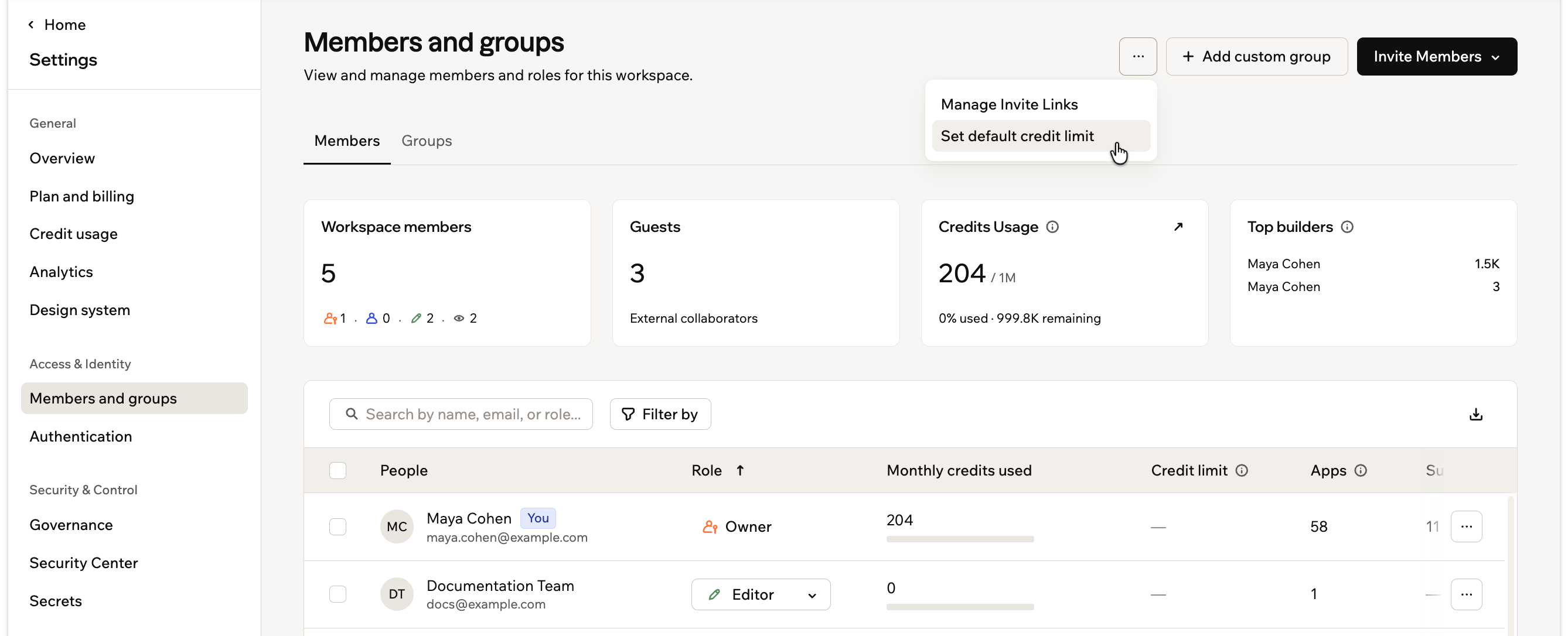Set monthly credit limit per user dialog