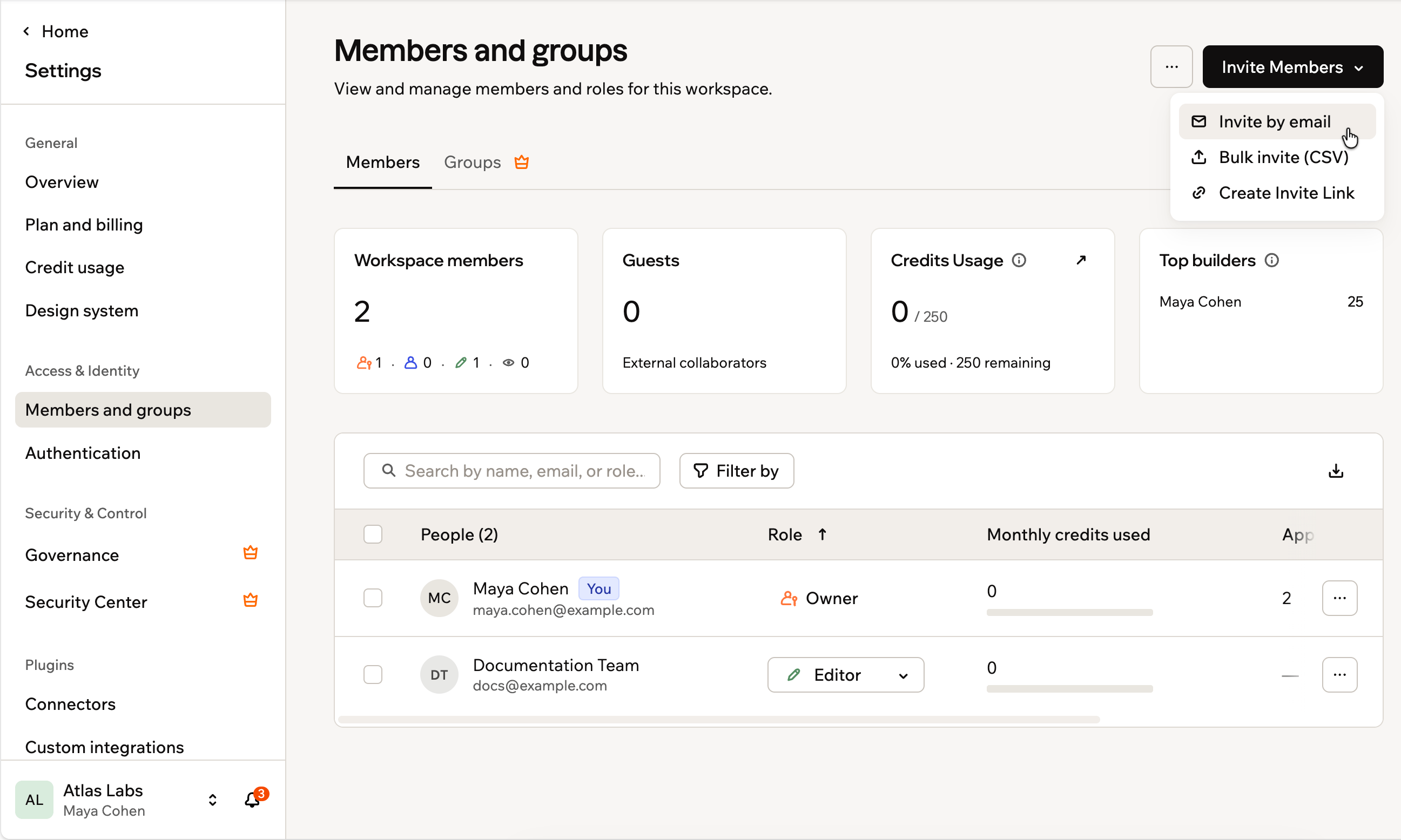 Inviting a workspace member by email