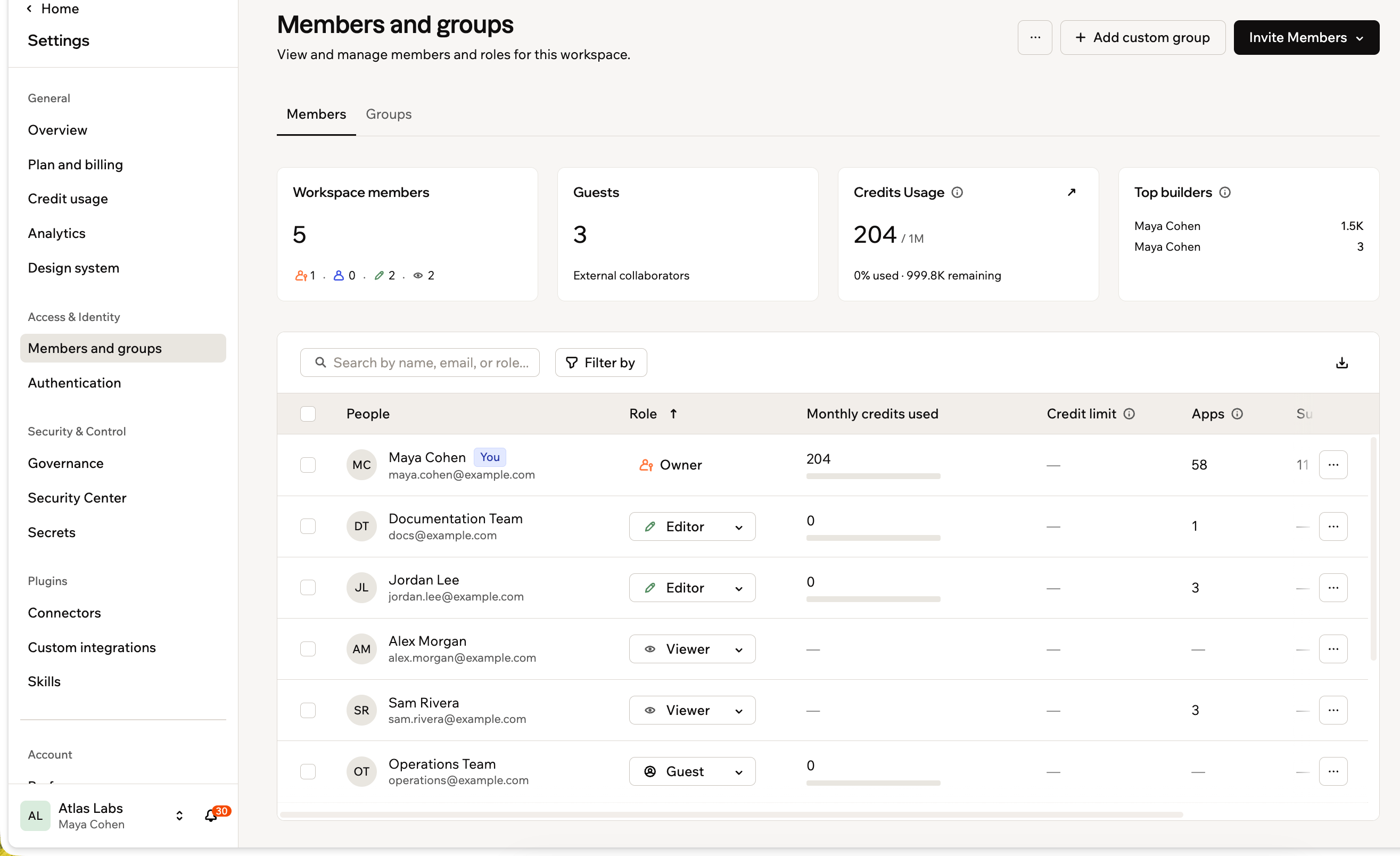 The Members tab in Members and groups showing workspace members, roles, credit usage, apps, and Superagents