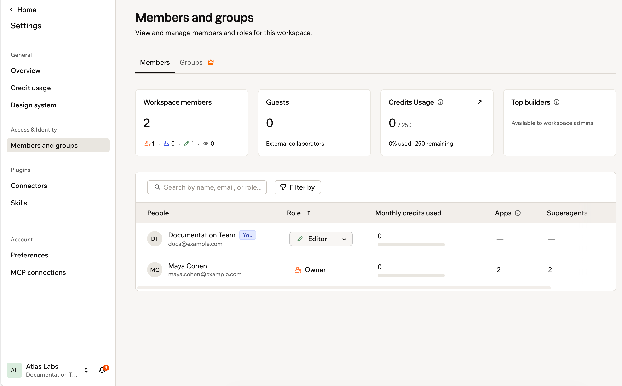 The Members page in workspace settings