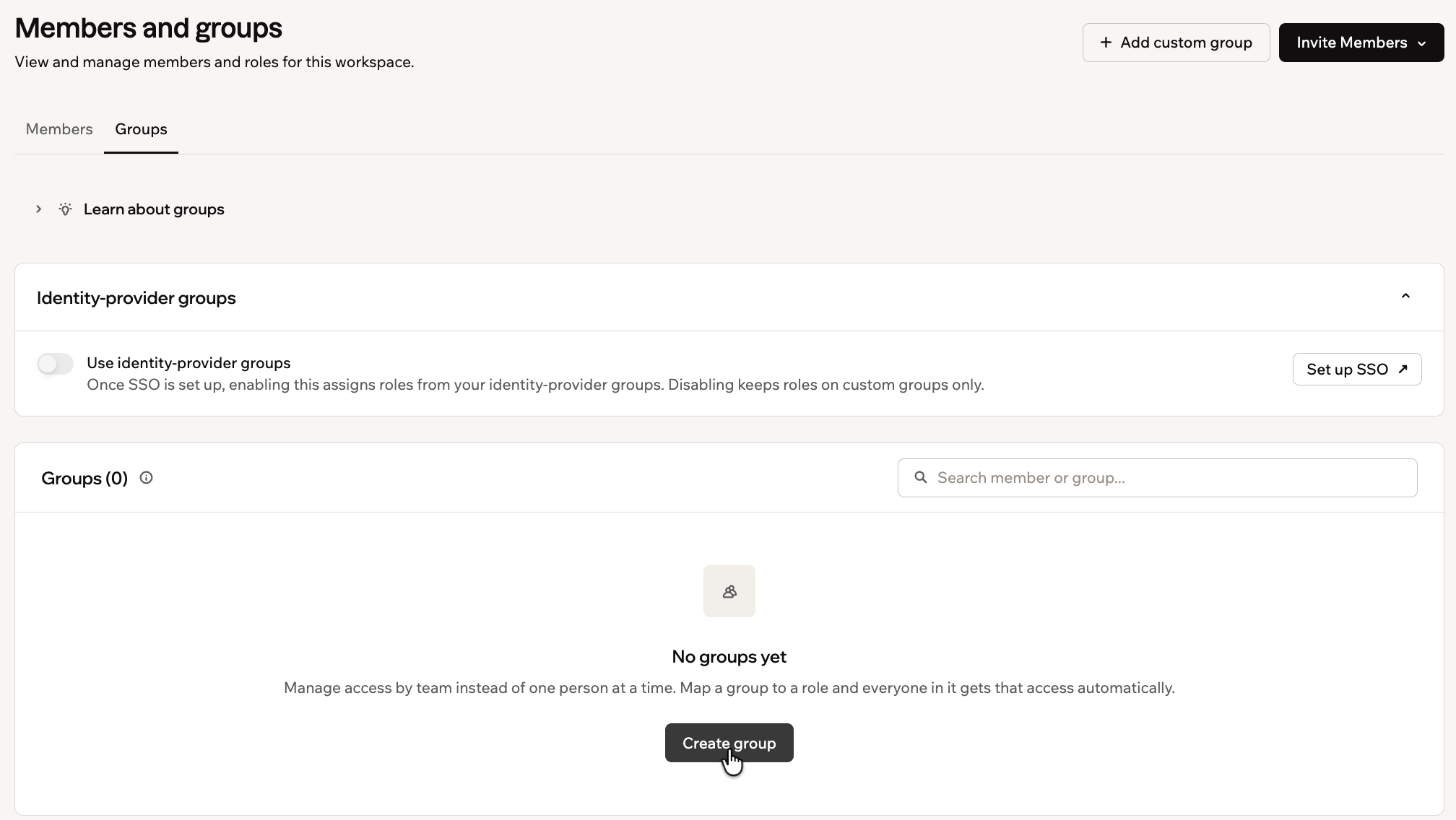 The Groups tab showing identity-provider groups and the option to add a custom group
