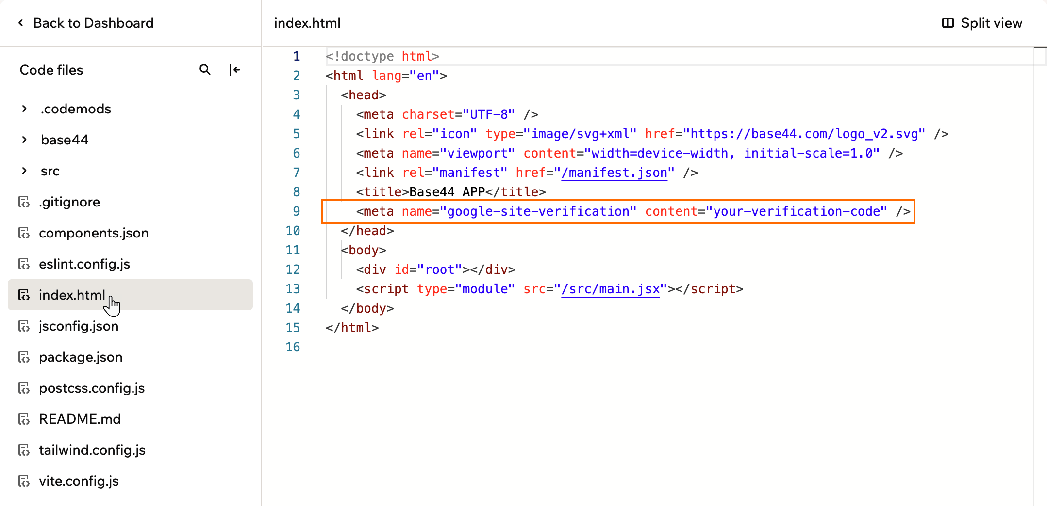 A screenshot of index.html open in the Code tab, with the google-site-verification meta tag inside the head section