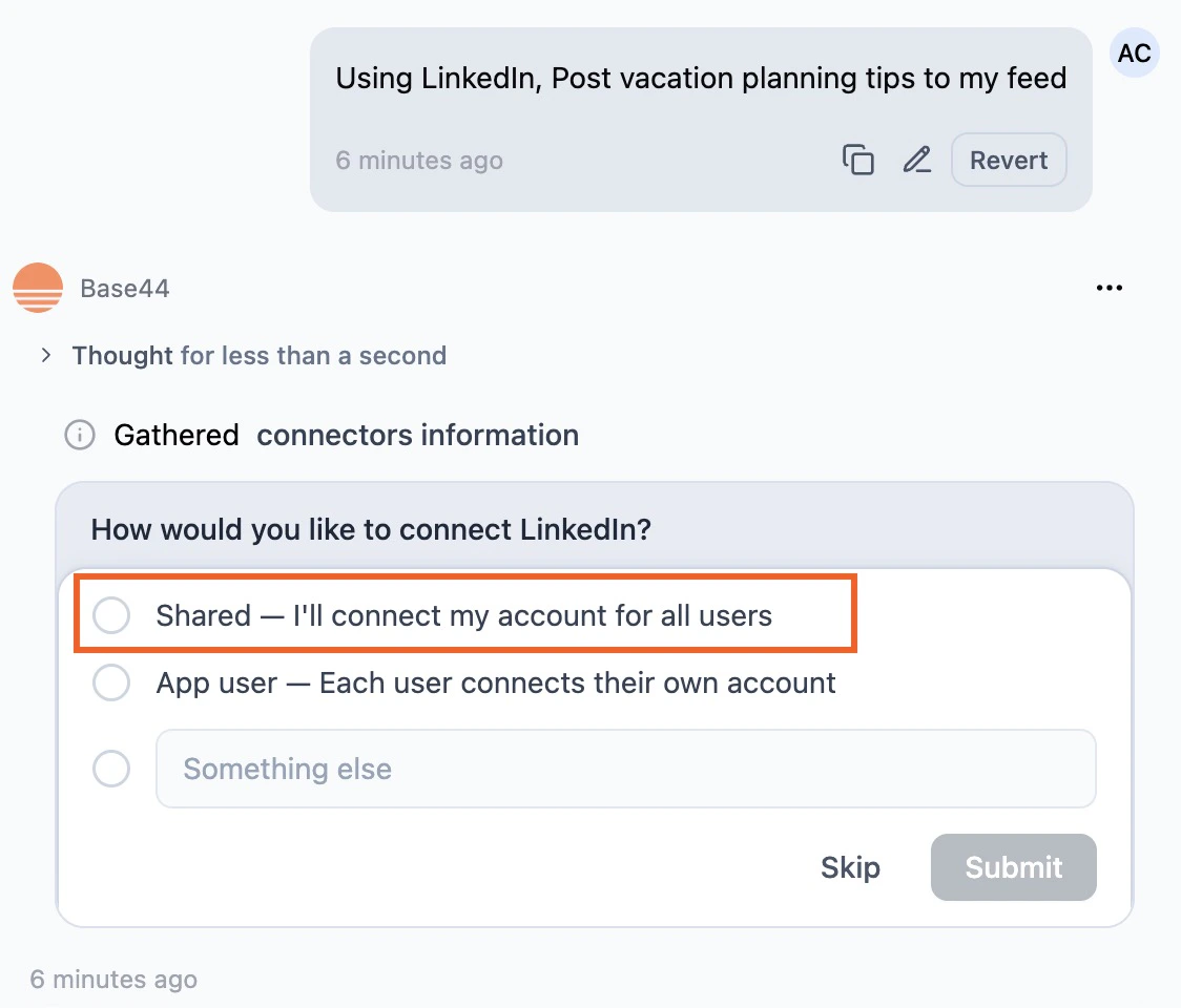 Sharedconnector Selecting a shared connector in the chat so that your app users all use the same account