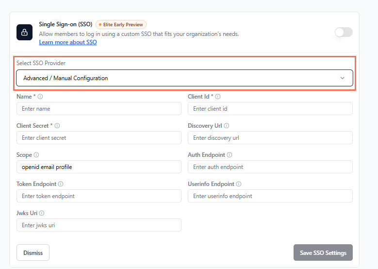 The SSO panel with Advanced / Manual Configuration selected, above empty Client Id, Client Secret and endpoint fields