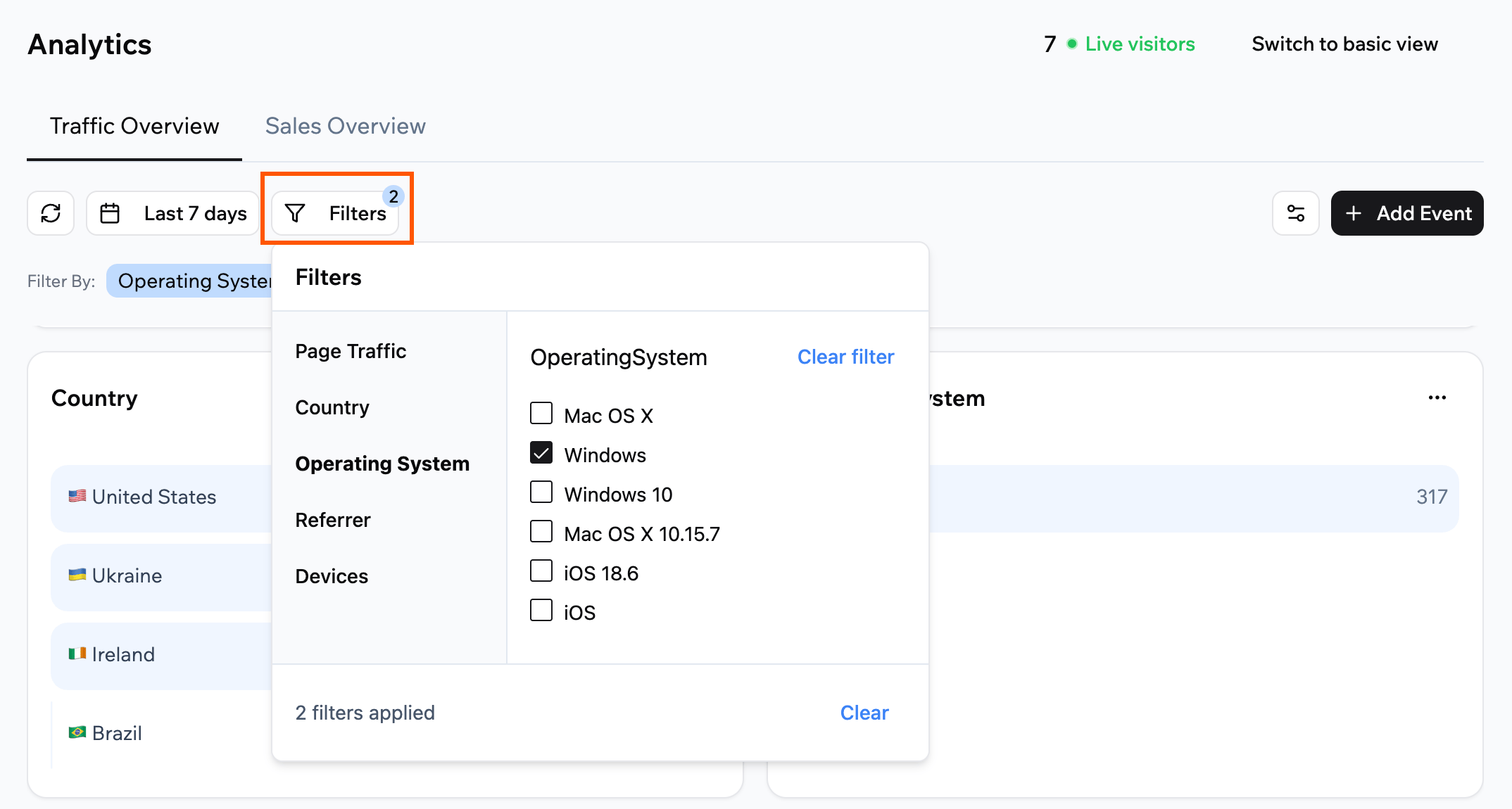 Analytics with the Filters menu open on Operating System