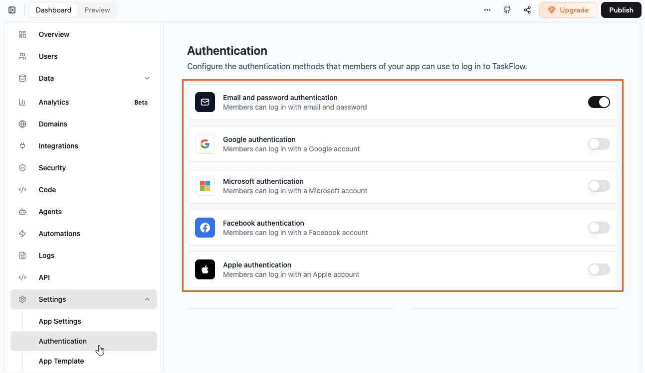 The Authentication page with 5 login methods outlined, Email and password on and Google, Microsoft, Facebook and Apple off