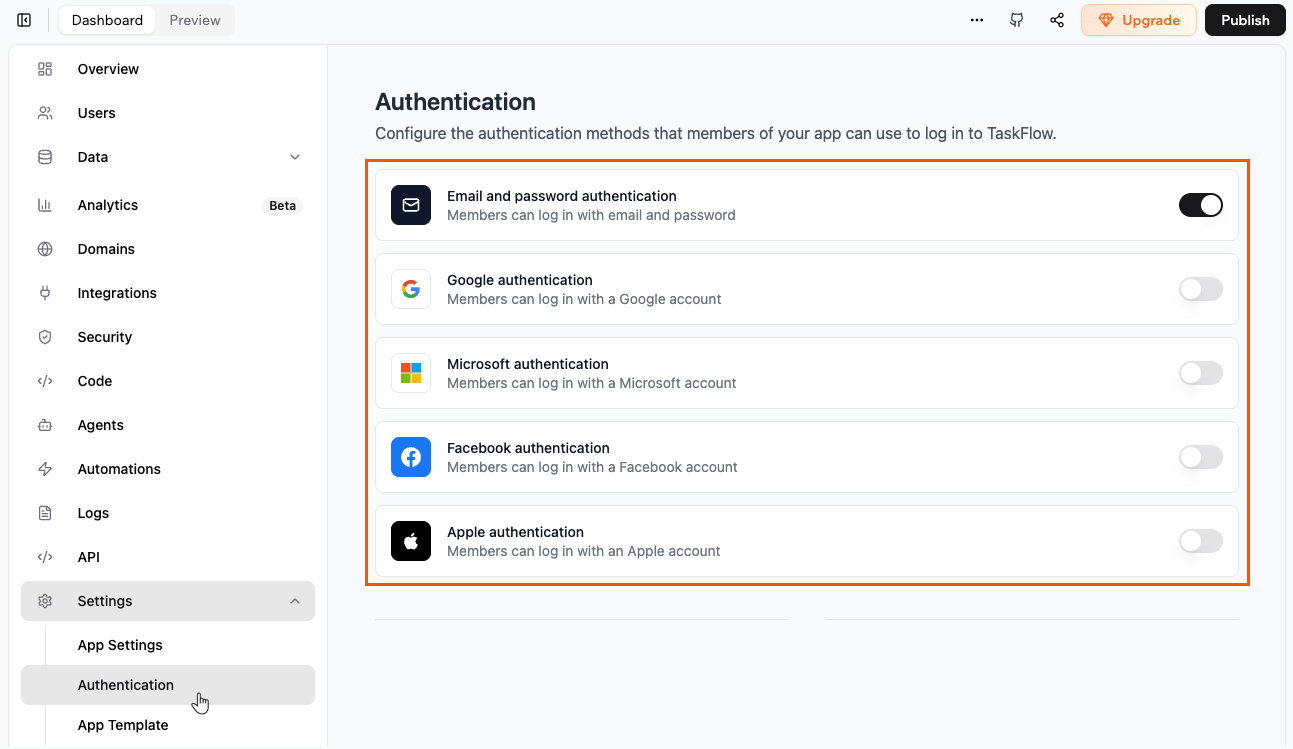 The Authentication page with 5 login methods outlined, Email and password on and Google, Microsoft, Facebook and Apple off