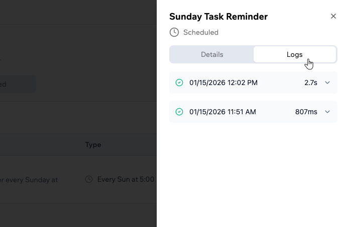 Automation Logs tab listing 2 runs with their duration