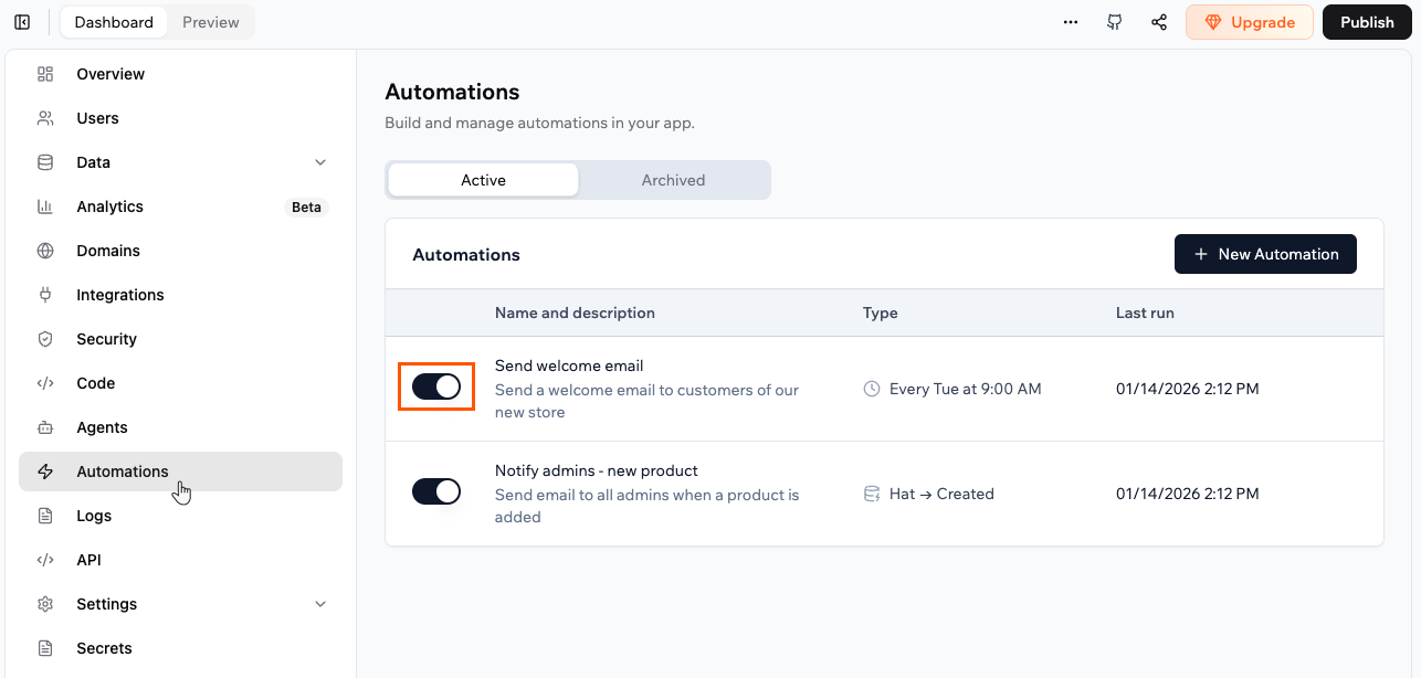 Automations page with the toggle outlined on one automation