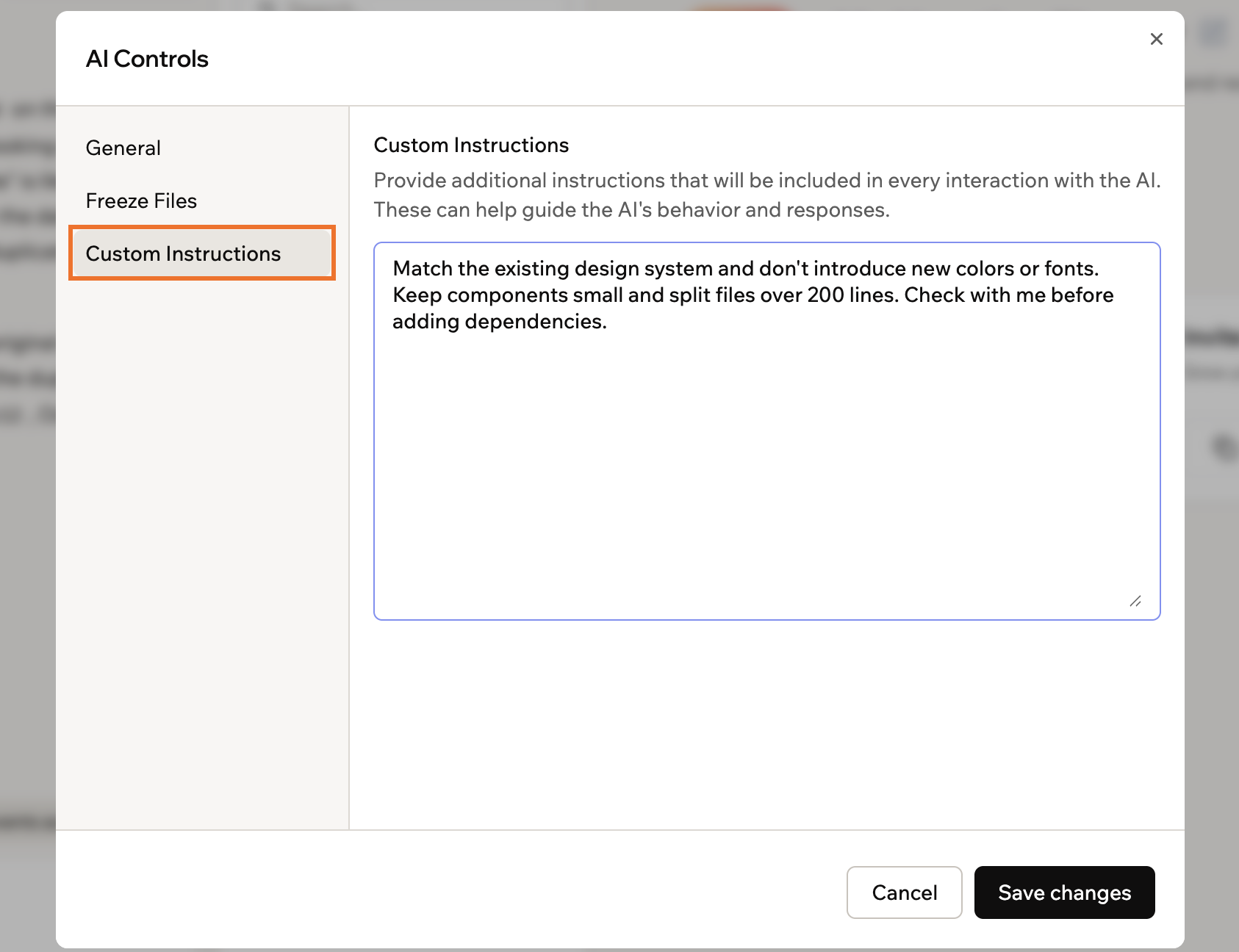 The Custom Instructions tab of AI Controls, with instructions entered in the text box