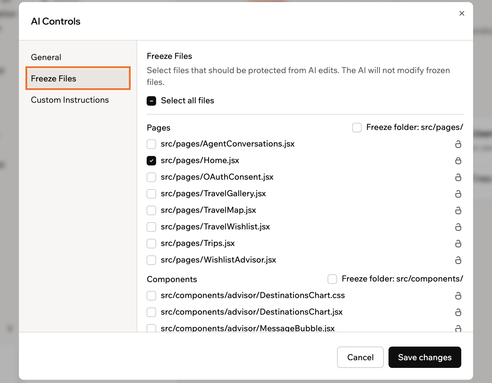 The Freeze Files tab of AI Controls, with files grouped by type and a Freeze folder option for each group