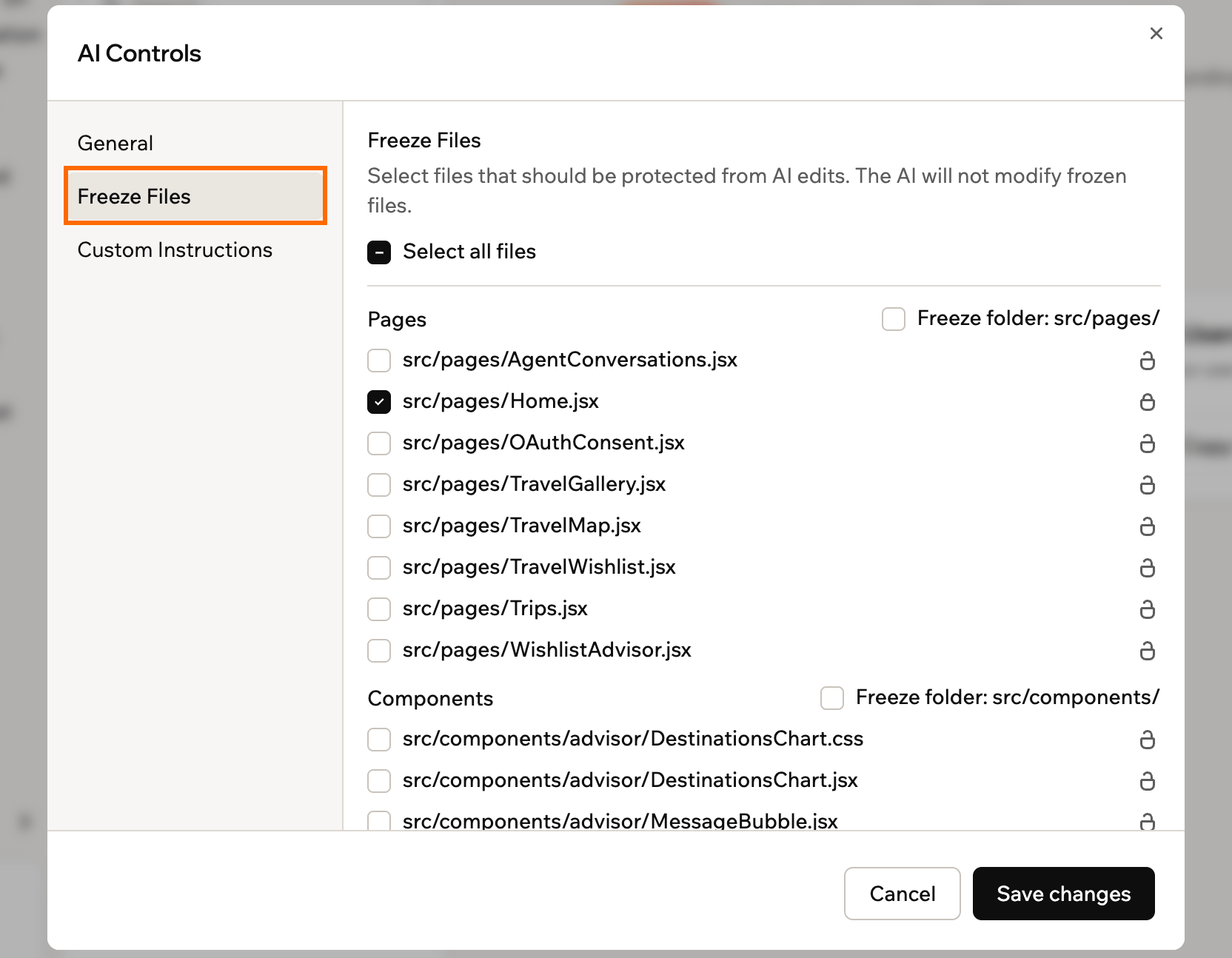 The Freeze Files tab of AI Controls, with files grouped by type and a Freeze folder option for each group