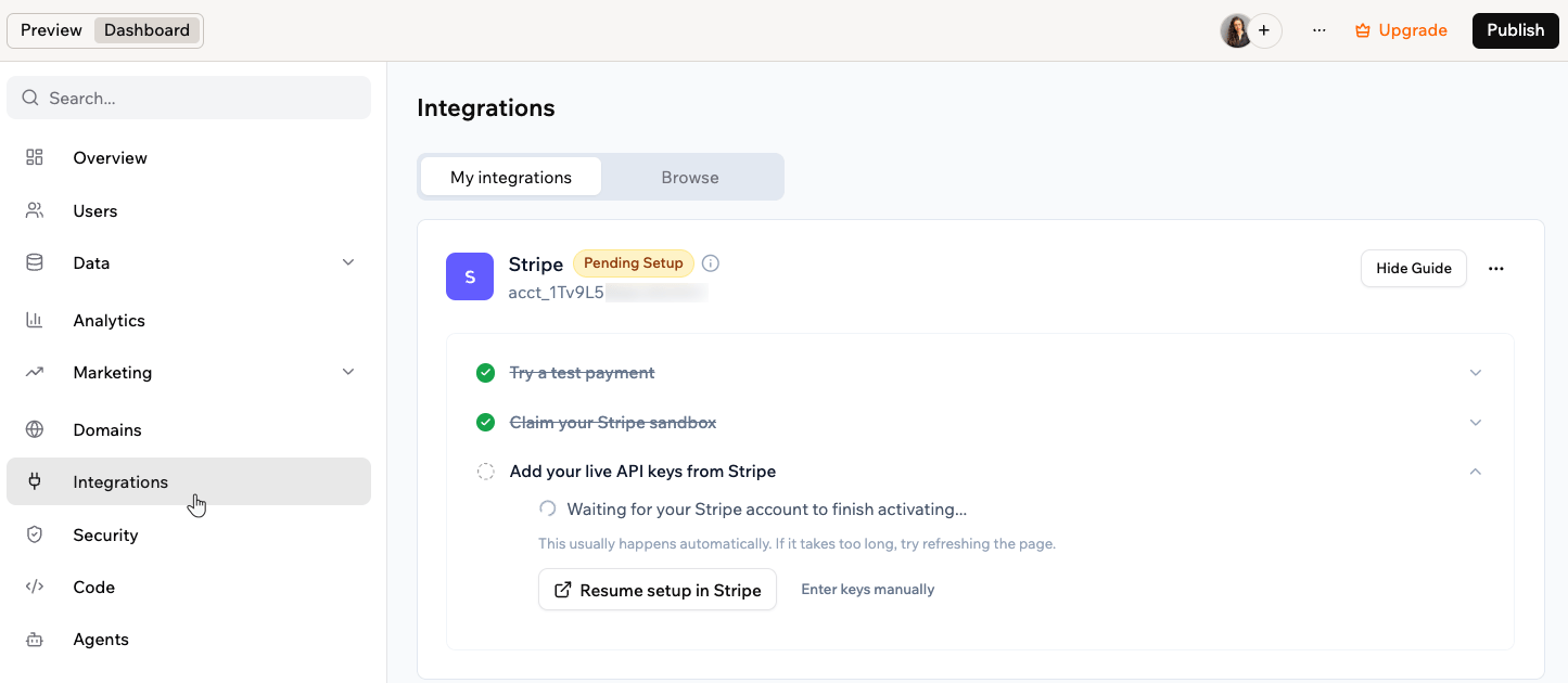 Activating live payments in Base44